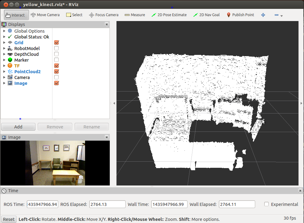 rviz window showing color image and white point cloud