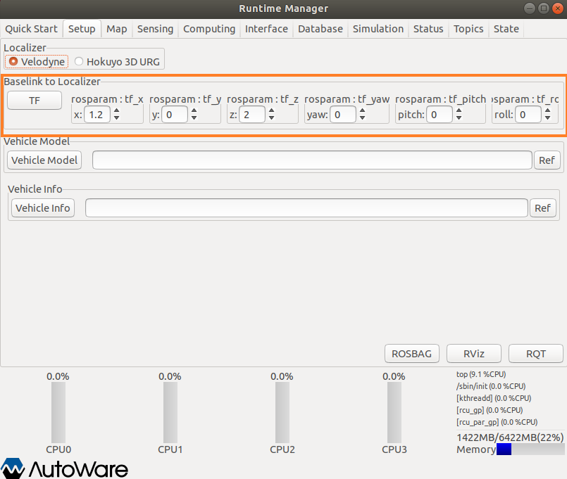 autoware gui, transform is highlighted in orange